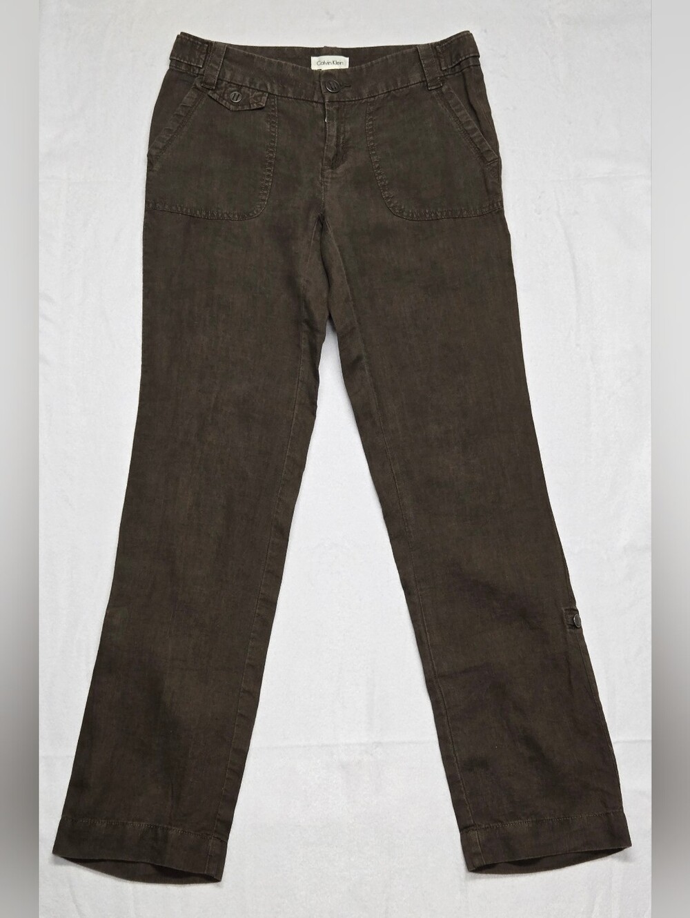 Calvin Klein 0 Pants 100% Linen Army Green Roll Tab Adjustable Leg Pockets